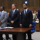 Nathan Lane as F. Lee Bailey; Courtney B. Vance as Johnnie Cochran; John Travolta as Robert Shapiro; Cuba Gooding Jr. as O.J. Simpson; and David Schwimmer as Robert Kardashian in The People v. O.J. Simpson
Ray Mickshaw/FX